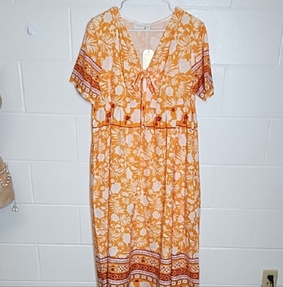Orange and White Border Print Empire Waist Cool Loose Dress V-neck Pockets - Picture 16 of 16